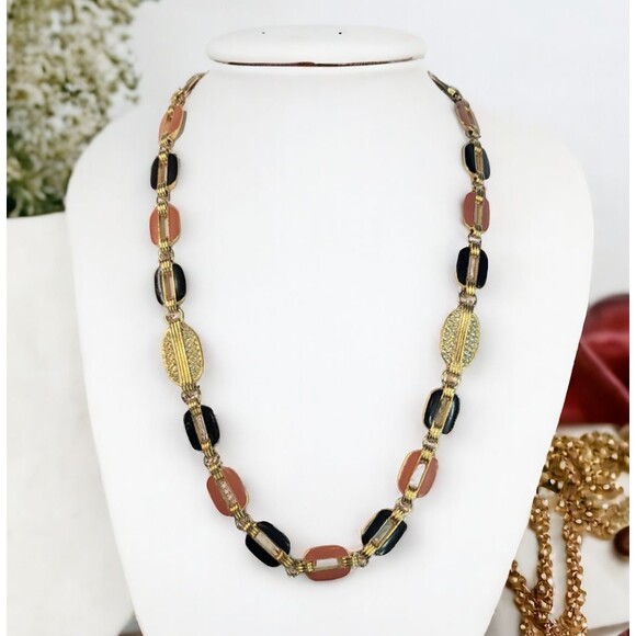 VTG Gold Tone Enamel Orange Black Link Rhinestone Necklace Estate Boho Fashion - Picture 1 of 4